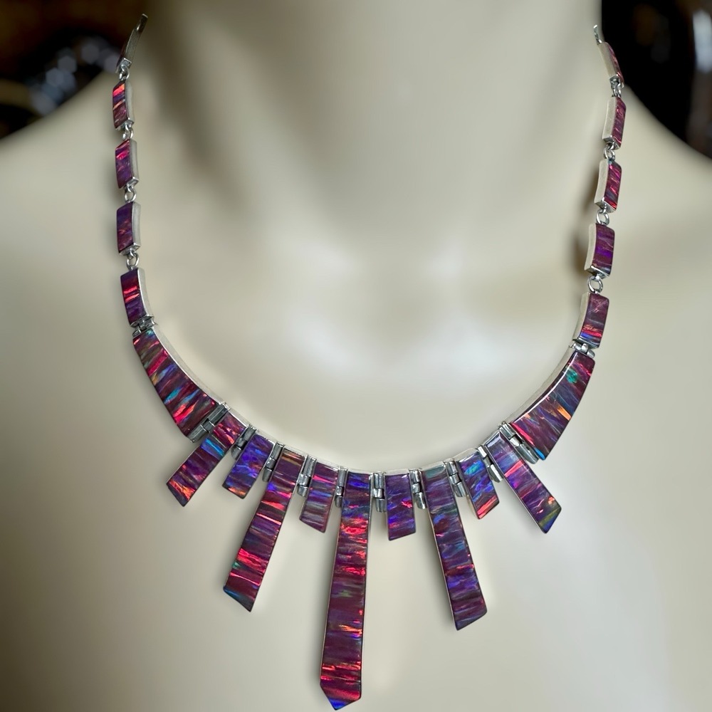 VTG Mexico Artisan Statement Necklace 17 Inch Lab Opal 950 Fine Silver 27.4g